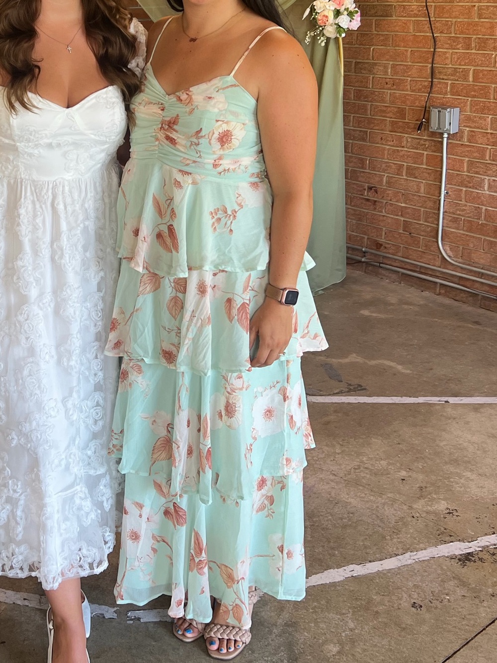 Light green tiered flower dress with spaghetti straps